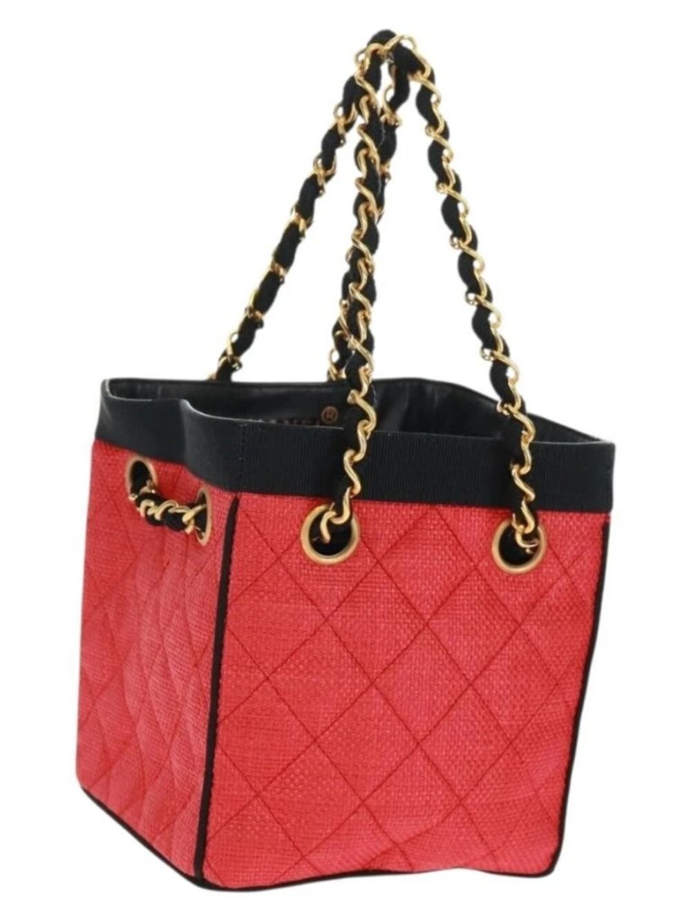 CHANEL Chain Hand Bag Raffia Red Gold CC Auth 162896V